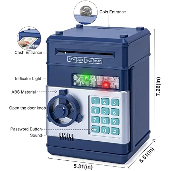 rayihni ELECTRONIC PIGGY BANK CODE LOCK FOR KIDS BABY TOY, MINI ATM SAFE COIN CASH BANKS REAL MONEY SAVING BOX WITH PASSWORD, AUTO MONEY SCROLL FOR CHILDREN,BOYS GIRLS BIRTHDAY (NAVY) - Image 2